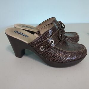 Sperry Top Sider Mule Brown Leather Croc Print Tie Platform Block Heel 7.5
